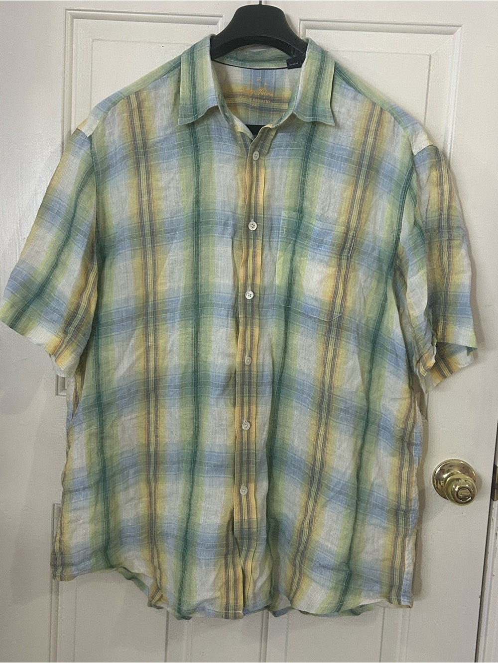 Indigo Palms Mens Multicolor Plaid 100% Linen Short Sleeve Button Up Shirt XXL